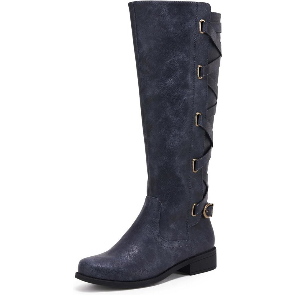 🆕Womens Faux Leather Navy Strappy Motorcycle Knee High Riding Flat Lace Up Boot
